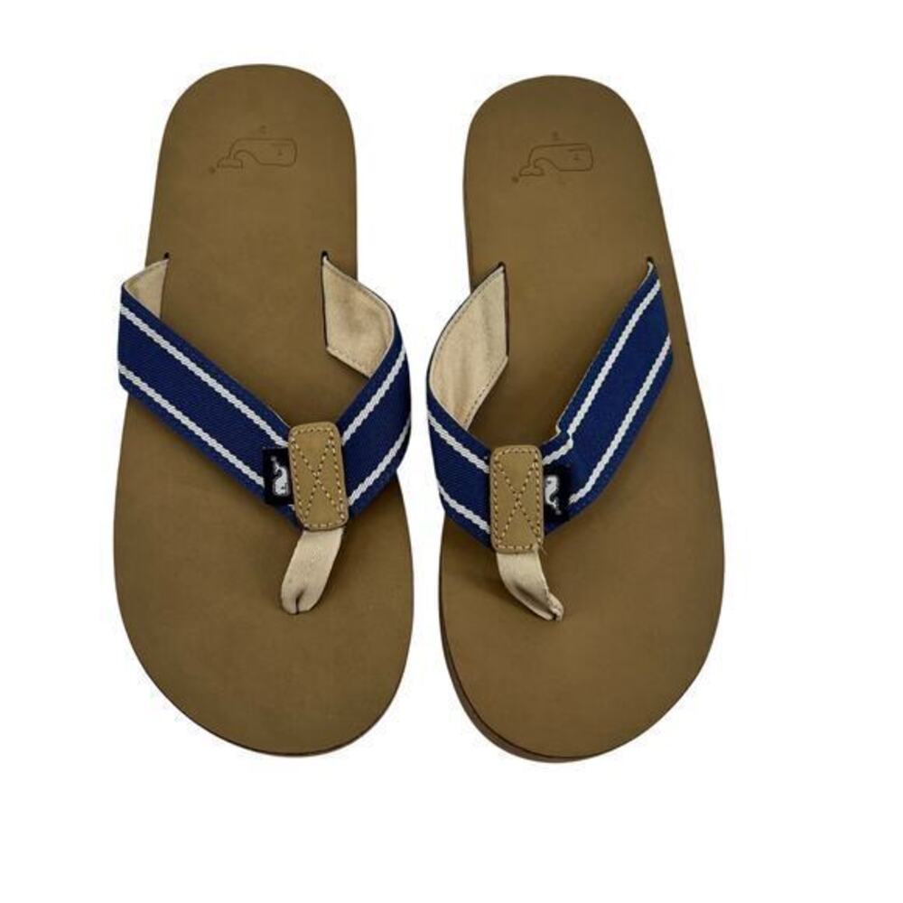 Vineyard Vines blue & white striped flip flop sandals whale logo women's size 9